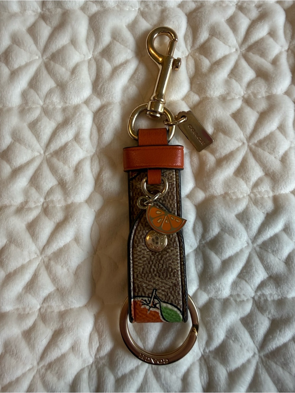 Coach Brown and Orange Leather Key Fob with Citrus Charm